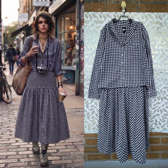 LWN Dresses & Skirts - LWN Blue White Gingham 2-Piece Set Top Skirt M Lagenlook Vintage Indie